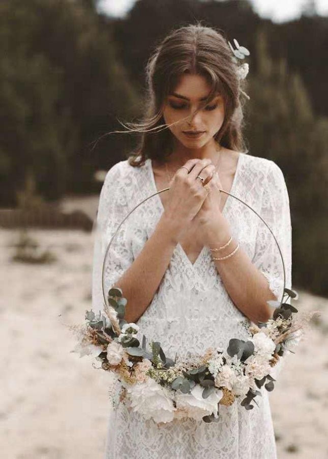 Bohemian Lace Deep V Neck Half Sleeves A Line Beach Wedding Dresses - KissProm