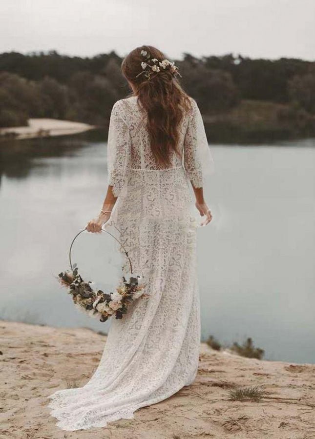 Bohemian Lace Deep V Neck Half Sleeves A Line Beach Wedding Dresses - KissProm