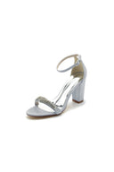 Beaded Open Toe Ankle Strap Satin Chunky Heels - KissProm
