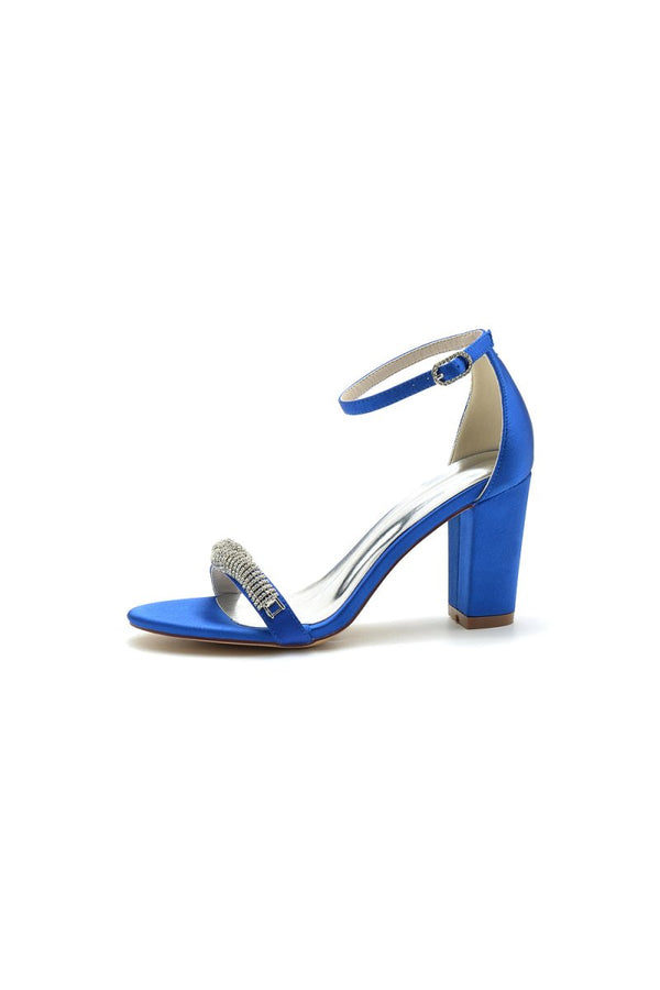 Beaded Open Toe Ankle Strap Satin Chunky Heels - KissProm