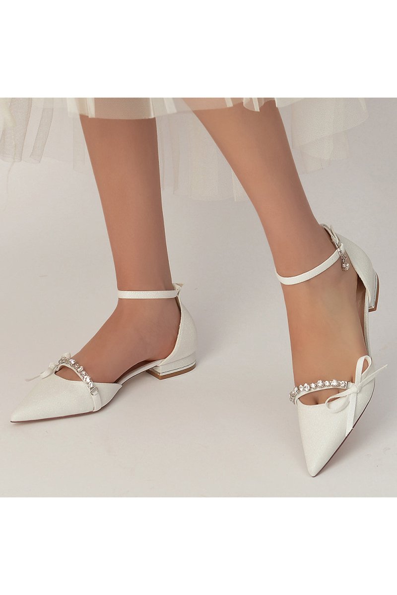 Beaded Pointed Toe Ankle Strap Wedding Shoes With Bow - KissProm