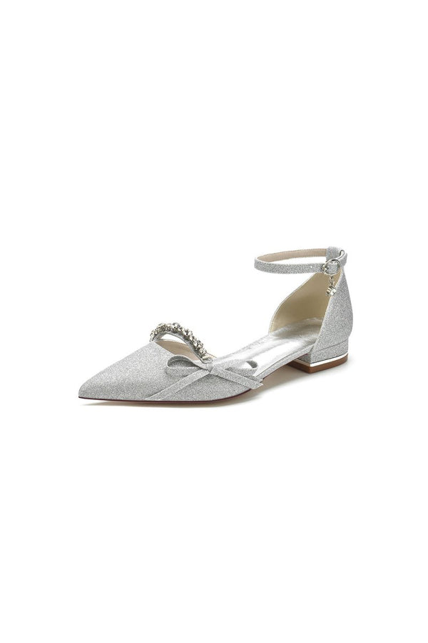 Beaded Pointed Toe Ankle Strap Wedding Shoes With Bow - KissProm