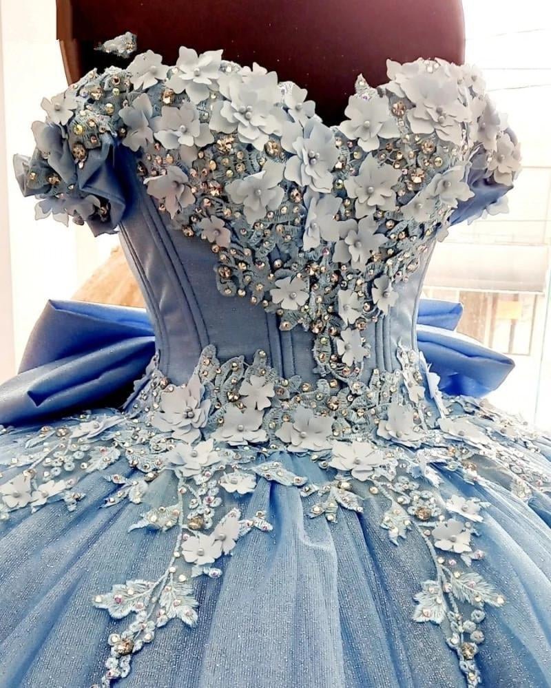 Big Bow Floral Flower Lace Applique Off Shoulder Ball Gown Quinceanera