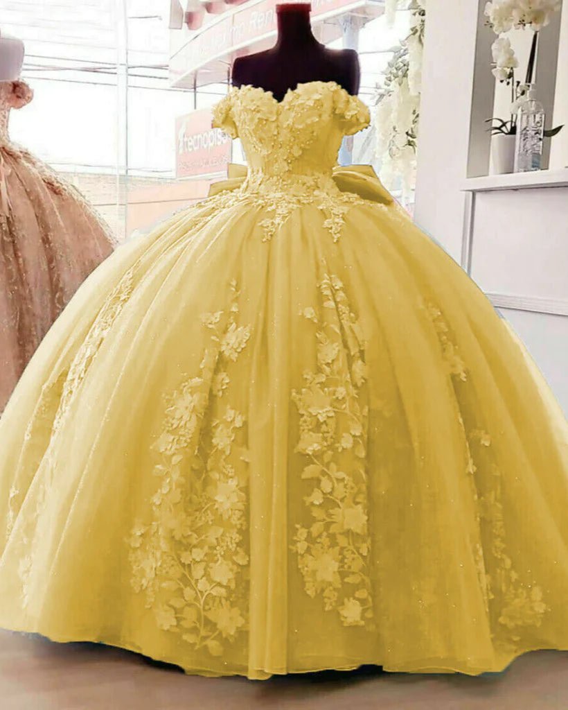Big Bow Floral Flower Lace Applique Off Shoulder Ball Gown Quinceanera Dresses Yellow / 16 Big Bow Floral Flower Lace Applique Off Shoulder Ball Gown Quinceanera Dresses Yellow / 16