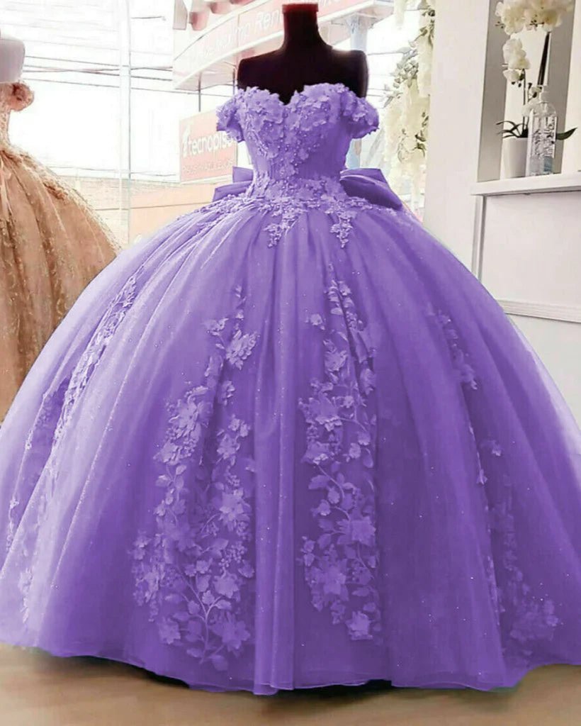 strapless open back dress Big Bow Floral Flower Lace Applique Off Shoulder Ball Gown Quinceanera Dresses Lavender / 22