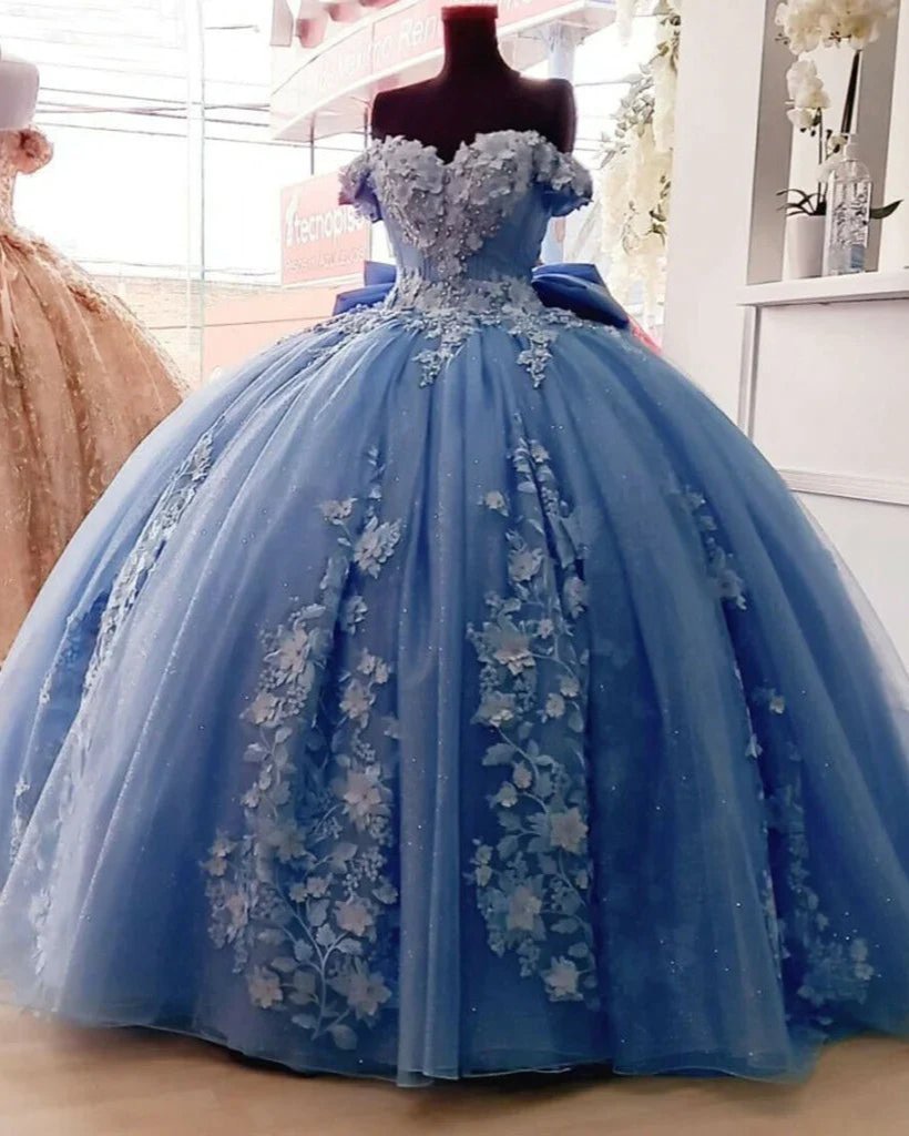 Big Bow Floral Flower Lace Applique Off Shoulder Ball Gown Quinceanera Big Bow Floral Flower Lace Applique Off Shoulder Ball Gown Quinceanera