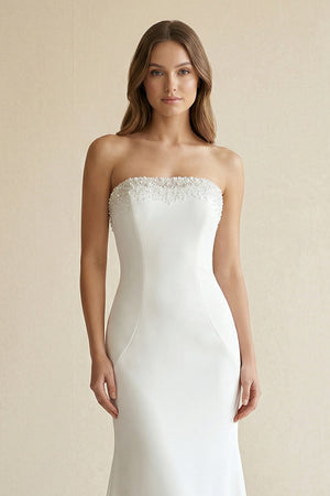 Beaded Satin Strapless Mermaid Wedding Dress in White - KissProm Wedding Dresses