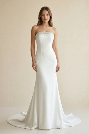 Beaded Satin Strapless Mermaid Wedding Dress in White - KissProm Wedding Dresses