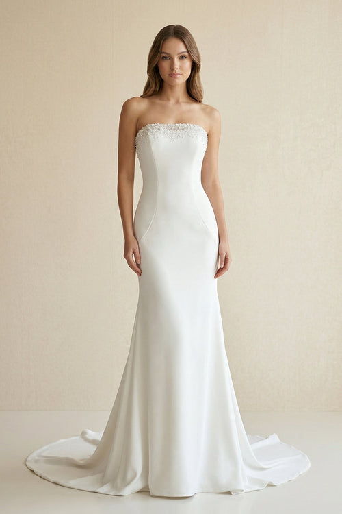 Beaded Satin Strapless Mermaid Wedding Dress in White - KissProm Wedding Dresses