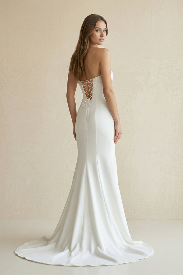 Beaded Satin Strapless Mermaid Wedding Dress in White - KissProm Wedding Dresses