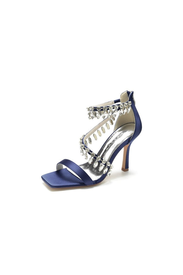 Beaded Square Open Toe Ankle Strap Satin Stiletto Heels - KissProm