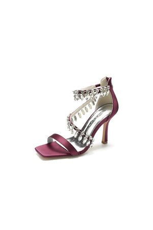Beaded Square Open Toe Ankle Strap Satin Stiletto Heels - KissProm