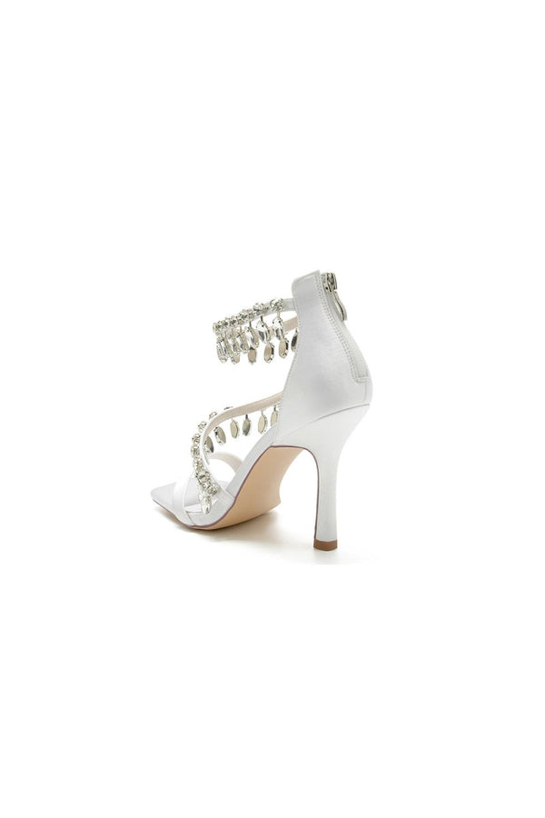 Beaded Square Open Toe Ankle Strap Satin Stiletto Heels - KissProm