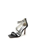 Beaded Square Open Toe Ankle Strap Satin Stiletto Heels - KissProm