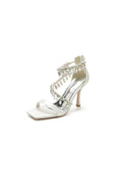 Beaded Square Open Toe Ankle Strap Satin Stiletto Heels - KissProm