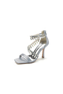 Beaded Square Open Toe Ankle Strap Satin Stiletto Heels - KissProm