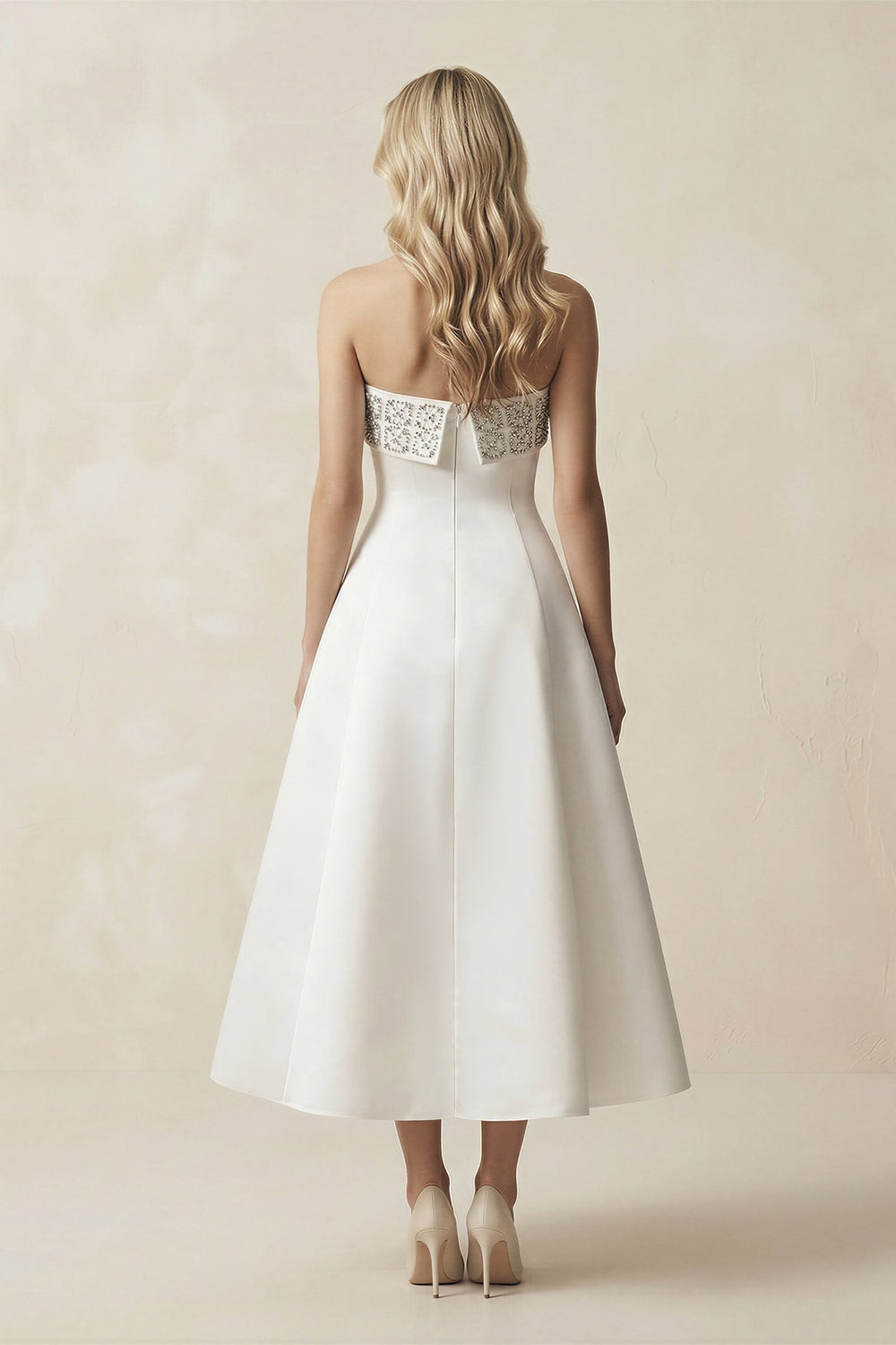 Beaded Strapless A - Line Midi Wedding Dress in White - KissProm Wedding Dresses