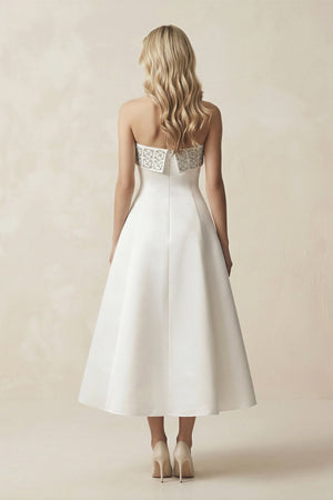 Beaded Strapless A - Line Midi Wedding Dress in White - KissProm Wedding Dresses