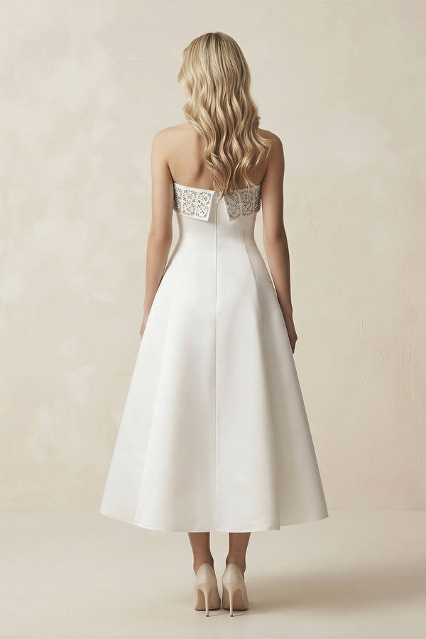 Beaded Strapless A - Line Midi Wedding Dress in White - KissProm Wedding Dresses