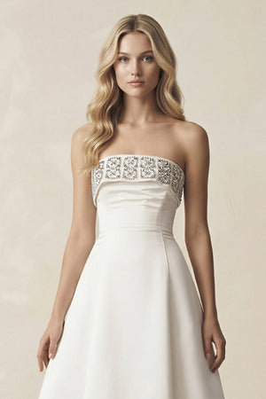 Beaded Strapless A - Line Midi Wedding Dress in White - KissProm Wedding Dresses