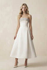 Beaded Strapless A - Line Midi Wedding Dress in White - KissProm Wedding Dresses