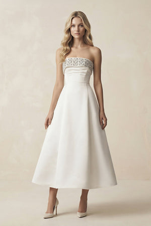 Beaded Strapless A - Line Midi Wedding Dress in White - KissProm Wedding Dresses