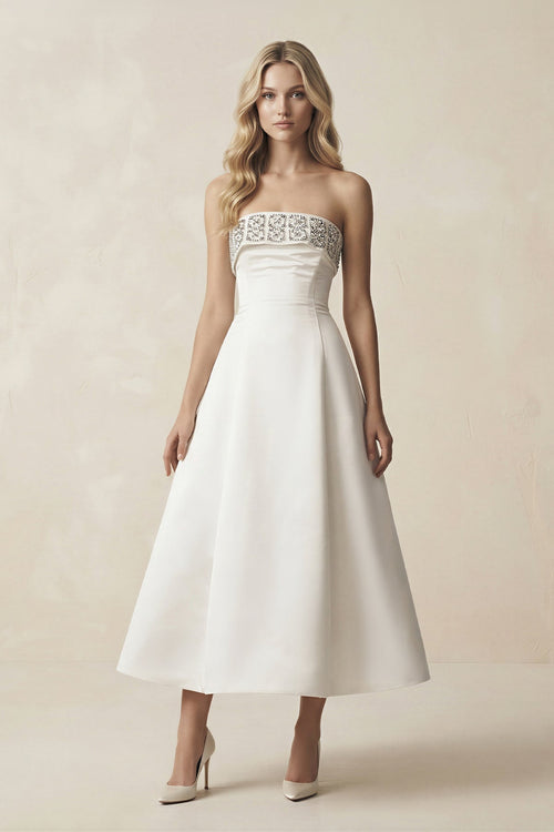 Beaded Strapless A - Line Midi Wedding Dress in White - KissProm Wedding Dresses