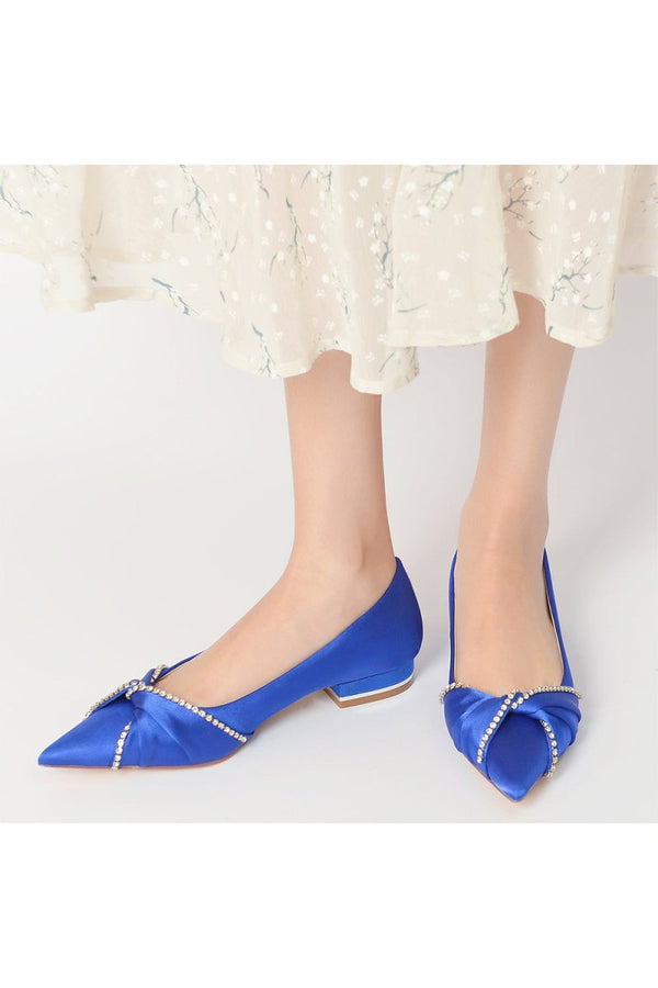 Beading Pointed Toe Satin Kitten Heels - KissProm