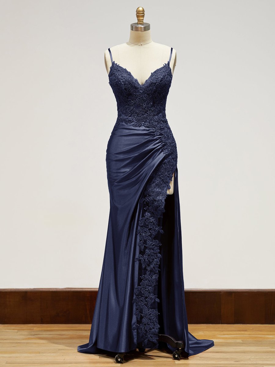 Beatrice | Sheath Spaghetti Straps Navy Blue Satin Long Prom Dresses with Lace Appliques