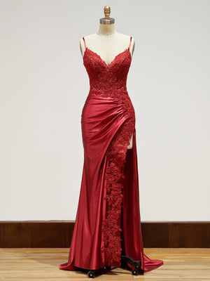Beatrice | Sheath Spaghetti Straps Red Satin Long Prom Dresses with Lace Appliques