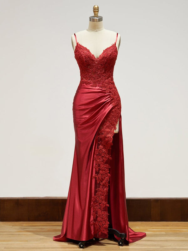 Beatrice | Sheath Spaghetti Straps Red Satin Long Prom Dresses with Lace Appliques