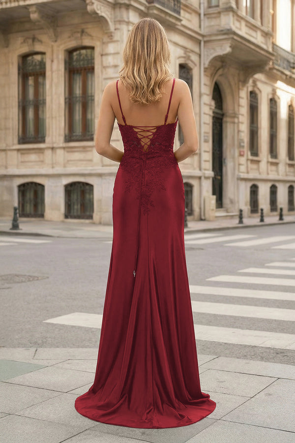 KissProm-Sheath Spaghetti Straps Burgundy Satin Long Prom Dresses with Lace Appliques