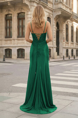KissProm-Sheath Spaghetti Straps Green Satin Long Prom Dresses with Lace Appliques