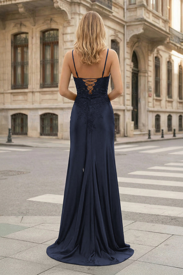 KissProm-Sheath Spaghetti Straps Navy Blue Satin Long Prom Dresses with Lace Appliques