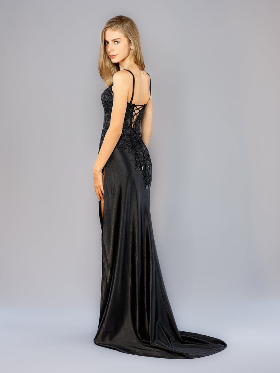 Beatrice | Sheath Spaghetti Straps Black Satin Long Prom Dresses with Lace Appliques