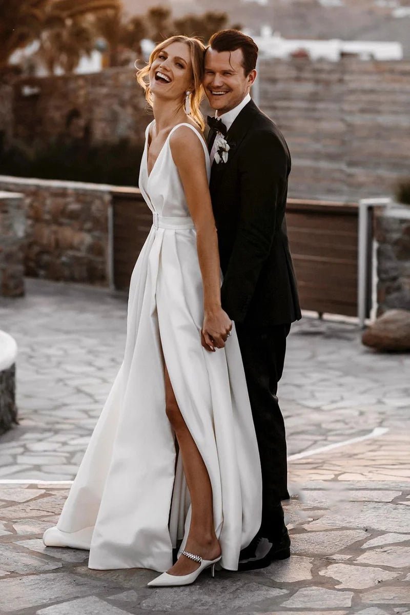 Attractive Deep V-Neck White Satin Bohemian Wedding Dress