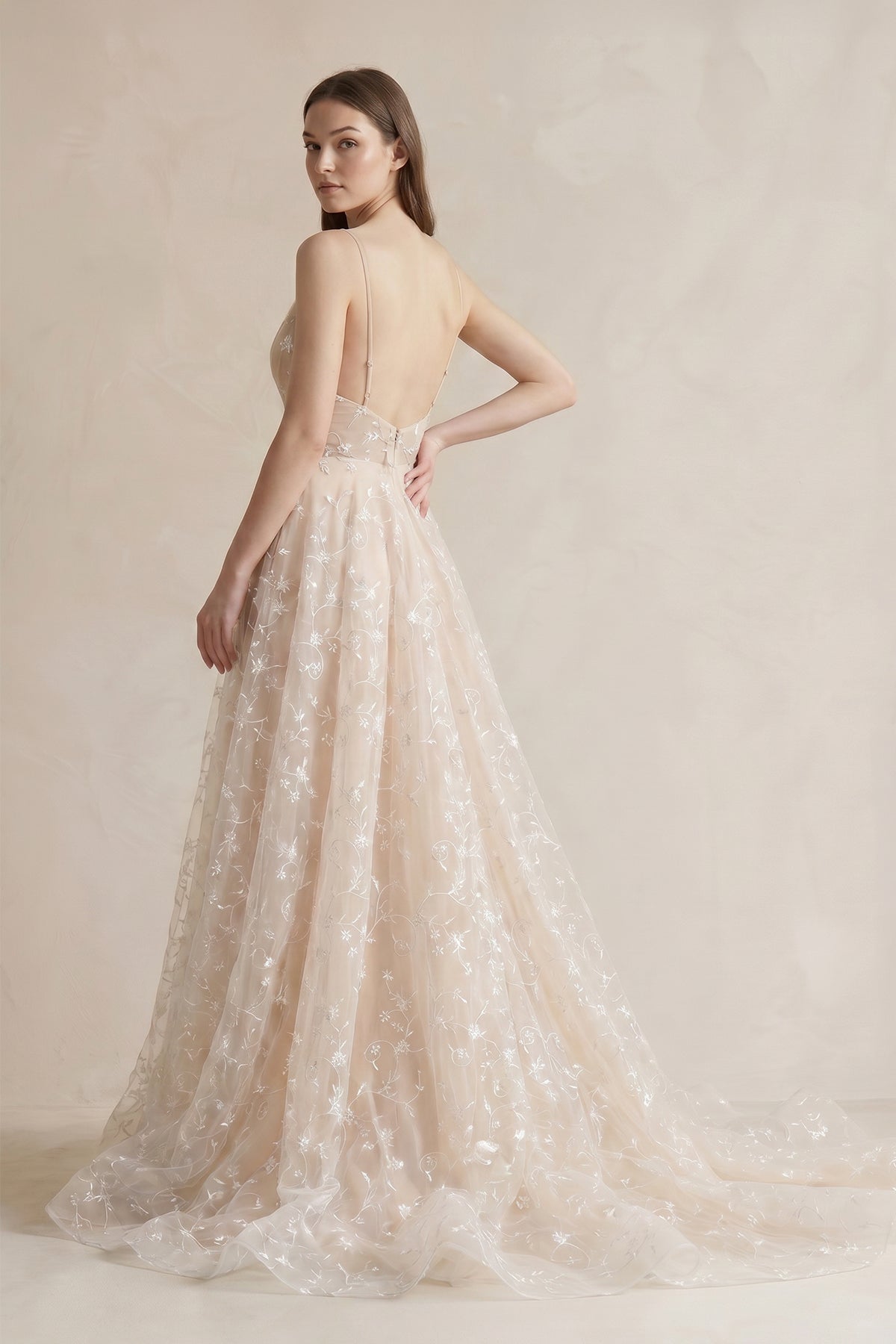 chiffon champagne wedding dress Boho Light Champagne Wedding Dresses Long Sleeves Deep V Neck Lace Bridal Gowns