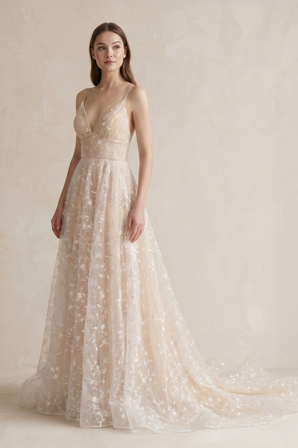 Beautiful A Line Spaghetti Straps Light Champagne Wedding Dress - KissProm