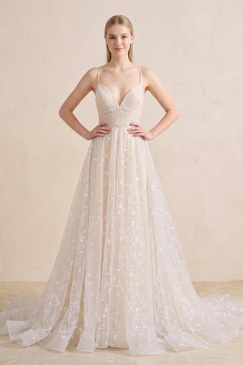 Beautiful A Line Spaghetti Straps Light Champagne Wedding Dress - KissProm