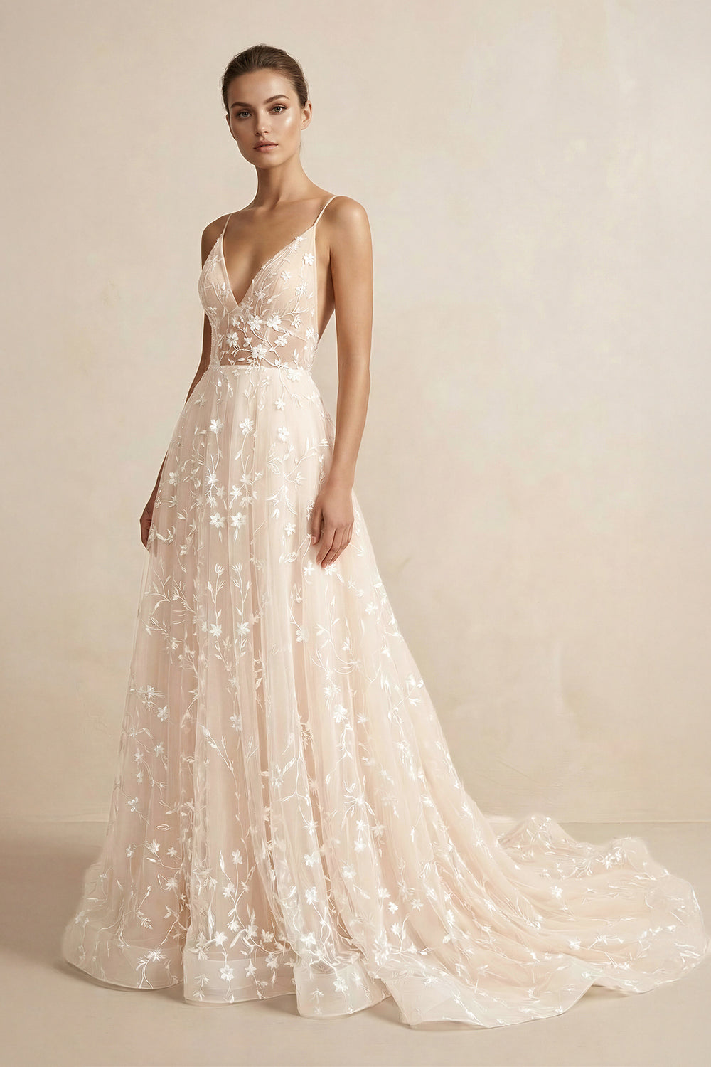champagne wedding dress Beautiful A Line Spaghetti Straps Light Champagne Wedding Dress, White-Nude / 8