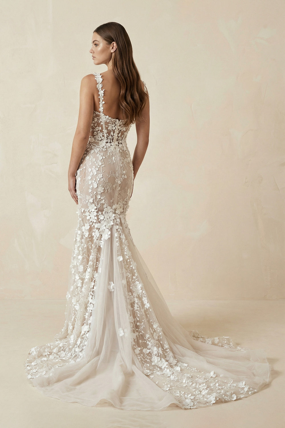 Sexy Lace Floral V - Neck Sleeveless Wedding Gown with Shoulder Straps-Wedding Dresses by KissProm | Available at KissProm