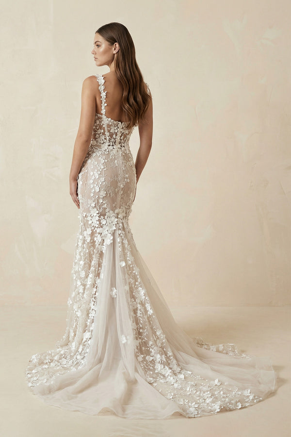 Sexy Lace Floral V - Neck Sleeveless Wedding Gown with Shoulder Straps-Wedding Dresses by KissProm | Available at KissProm