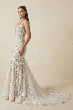Sexy Lace Floral V - Neck Sleeveless Wedding Gown with Shoulder Straps-Wedding Dresses by KissProm | Available at KissProm