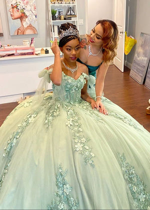 Letitia | Ball Gown  Lace Off the Shoulder Sage Green Quinceanera Dress
