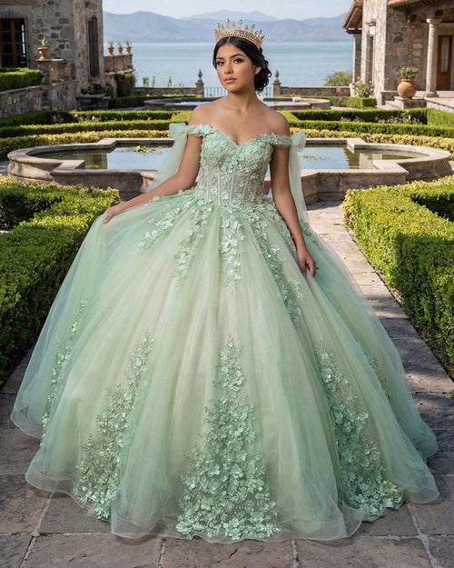 Ball Gown Tulle Off The Shoulder Sage Green Quinceanera Dress - KissProm