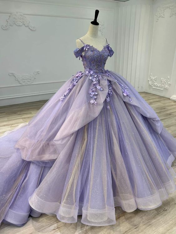 Ball Gown Organza Off-the-Shoulder Lavender Quinceanera Dress