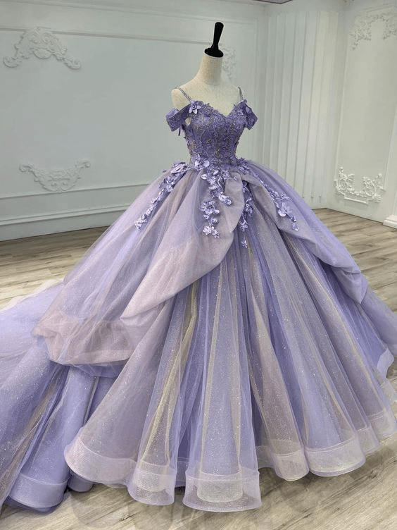 A Line Organza Off-the-Shoulder Lavender Quinceanera Dress, Lavender / 14