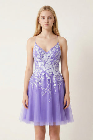 Lilac Aline Short Glitter Tulle Homecoming Dress with Appliques - KISSPROM