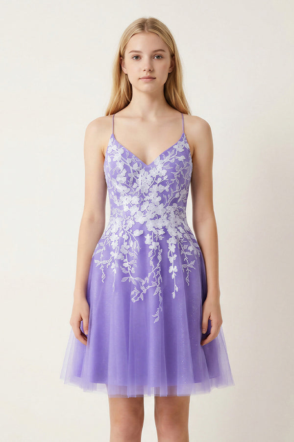 Lilac Aline Short Glitter Tulle Homecoming Dress with Appliques - KISSPROM