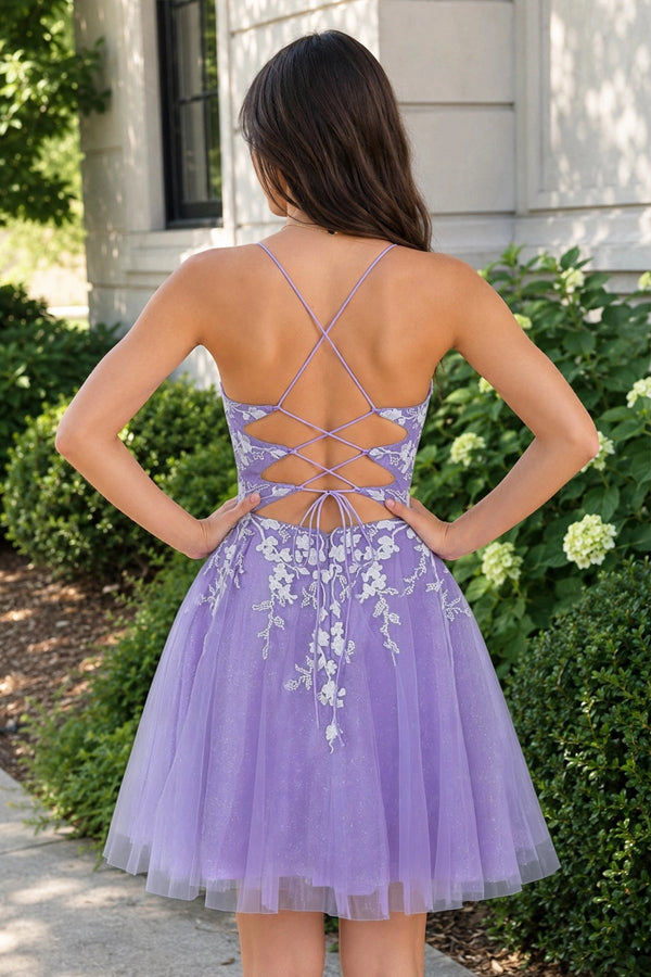 Aline Short Glitter Tulle Homecoming Dress with Appliques - KissProm